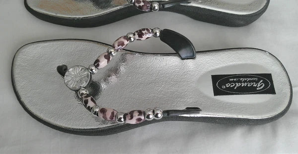 GrandCo Silver Thong Slide-on Sandal Bead Straps Silver 1" Heel Size 8M