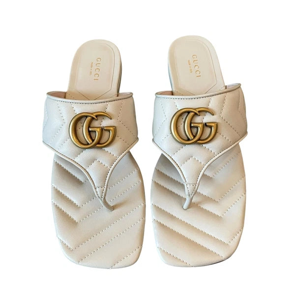 Gucci GG Marmont Matelasse Leather Flip Flop Sandals Cream White Sz 37.5 US 7.5