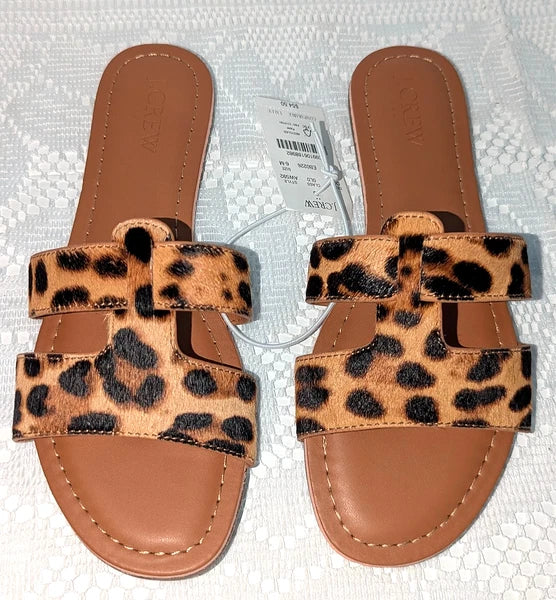J.Crew Womens Brown Tan Leopard Print Calf-Hair Beachside Slide Sandals Size 6M