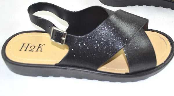 H2K Black Sparkle Fashion Sandals Bling Slides Size 10 Euro size 41 Buckle