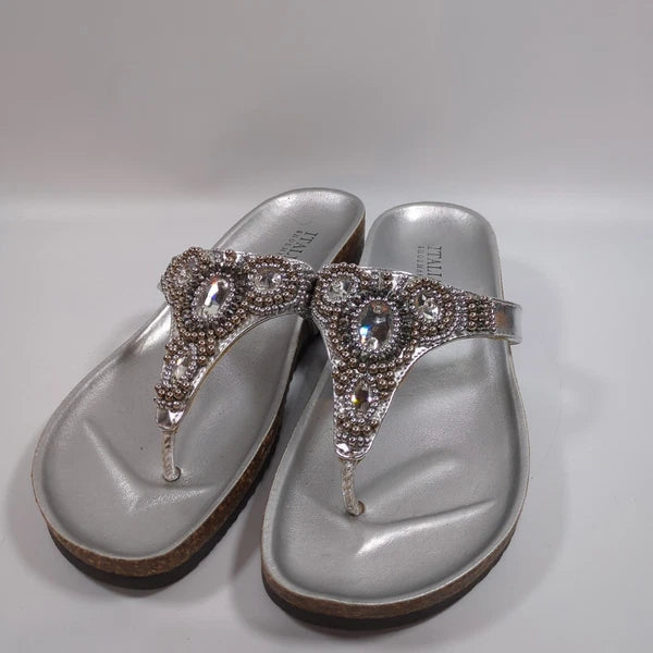 Italian Shoemakers Silver Sandals Slide Flip Flop with Rhinestones Sz 6 Bling