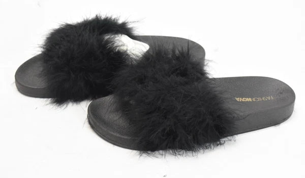 Fashion Nova Moira Black Feather Boa Slides Sandals Slippers Open Toe Size 8