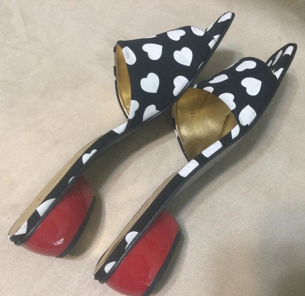 Vintage Ramon Tenza Black & White Heart Slide Sandals Size 9 1/2B