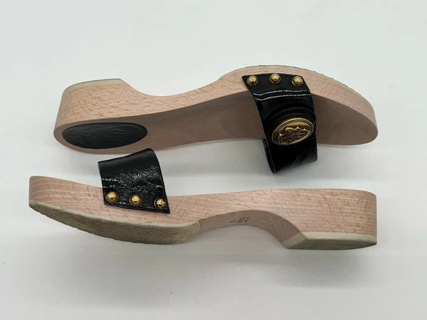 Gucci Hysteria Women Sz 8B Black Patent Leather Slide Wood Soles Fashion Sandals