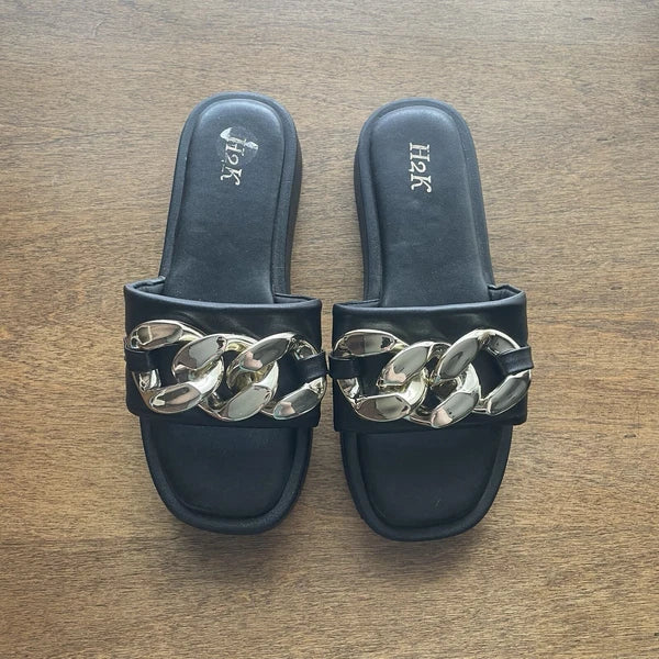 H2K Chain 9 Black Fashion Comfort Soft Slides Flip Flops Sandals Open Toe New