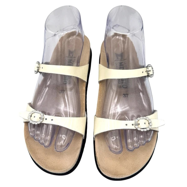 Mephisto Norie Bling Buckle Slide Sandals Ivory Patent Leather Flat Size 7 37