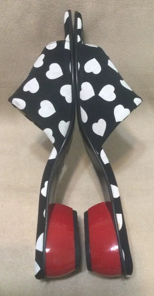 Vintage Ramon Tenza Black & White Heart Slide Sandals Size 9 1/2B