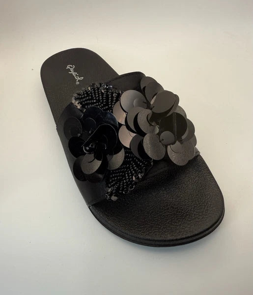 Qupid Women's Fashion Satin Black Flower Slides Sandals Flip Flops Sz 8 New