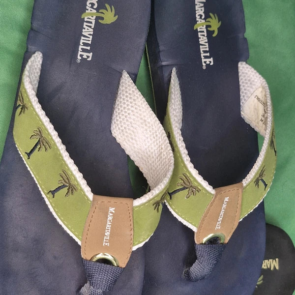 Lot 2 Margaritaville Flip Flops Breezy Wedge Style Tan & Green Palm Trees Size 8