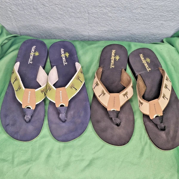 Lot 2 Margaritaville Flip Flops Breezy Wedge Style Tan & Green Palm Trees Size 8