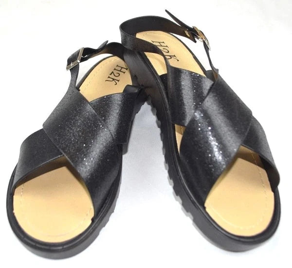 H2K Black Sparkle Fashion Sandals Bling Slides Size 10 Euro size 41 Buckle