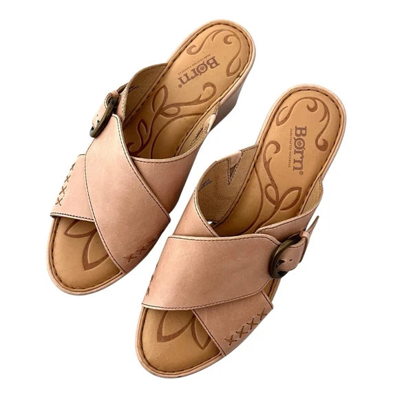 BORN Curstyn Leather Wedge Platform Sandals Criss Cross Natural size 9 Bohemian