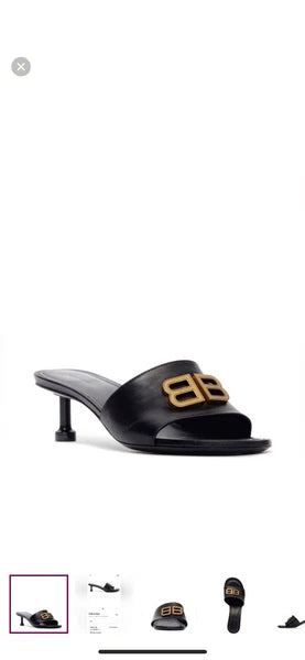 BALENCIAGA Groupie BB Logo Slide Sandal - Black/ Gold Sz 8 $875