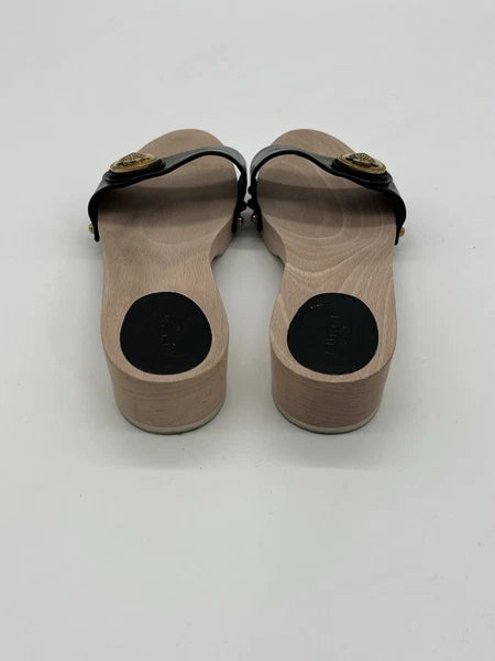 Gucci Hysteria Women Sz 8B Black Patent Leather Slide Wood Soles Fashion Sandals