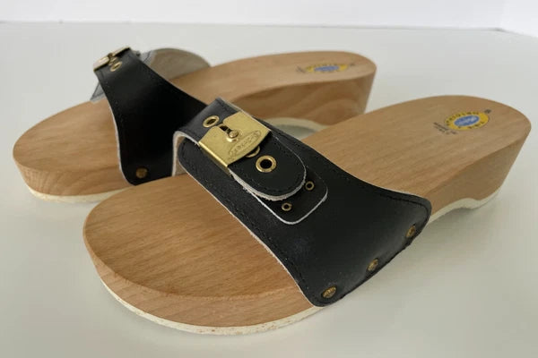 Dr. Scholl's The Original Wooden Sandals Slides Black Leather Size 6 Italy New
