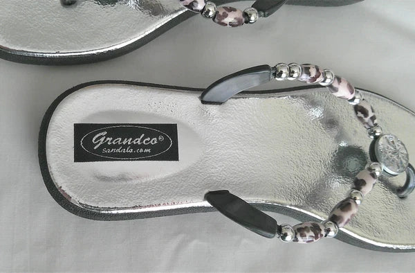 GrandCo Silver Thong Slide-on Sandal Bead Straps Silver 1" Heel Size 8M