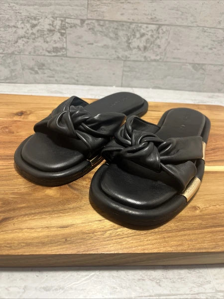 COACH Brooklyn Black Leather Knot Bow Flat Slides Sandals Sz 6 B - New