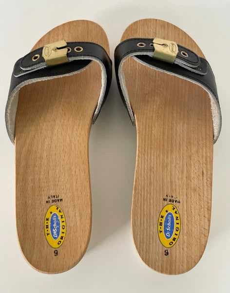 Dr. Scholl's The Original Wooden Sandals Slides Black Leather Size 6 Italy New