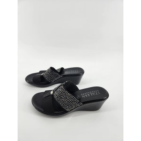 Italian Shoemakers Black Wedge Sandals Embellished Slide On Womens 8.5