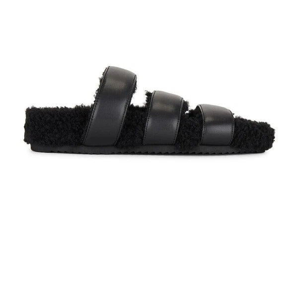 ROAM NIB $139 Black 3 Strap Faux Leather Fuzzy Slide Sandals Sz 11