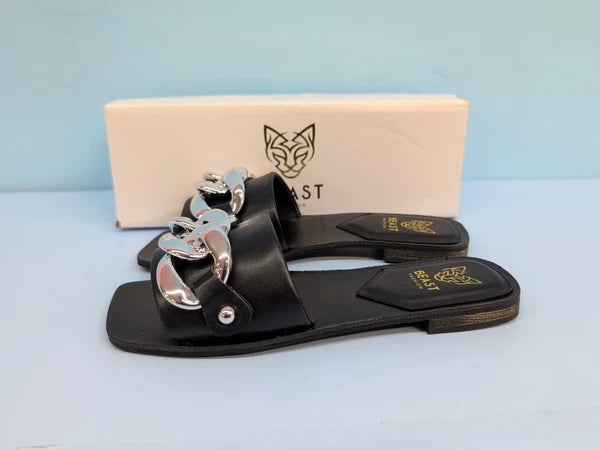 Beast Fashion LANA-01 Nude Chain Women's Flat Slide Sandals Size US 6.5 Black