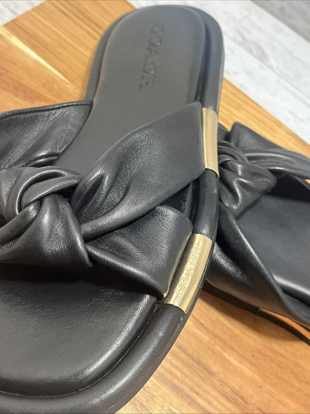 COACH Brooklyn Black Leather Knot Bow Flat Slides Sandals Sz 6 B - New