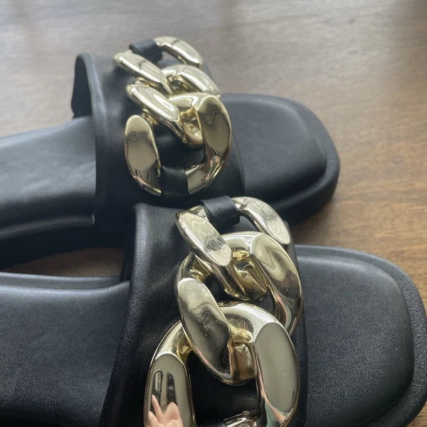 H2K Chain 9 Black Fashion Comfort Soft Slides Flip Flops Sandals Open Toe New
