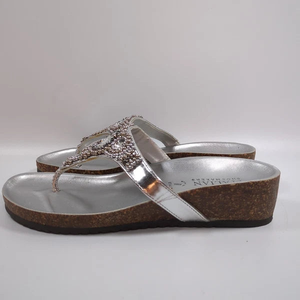 Italian Shoemakers Silver Sandals Slide Flip Flop with Rhinestones Sz 6 Bling