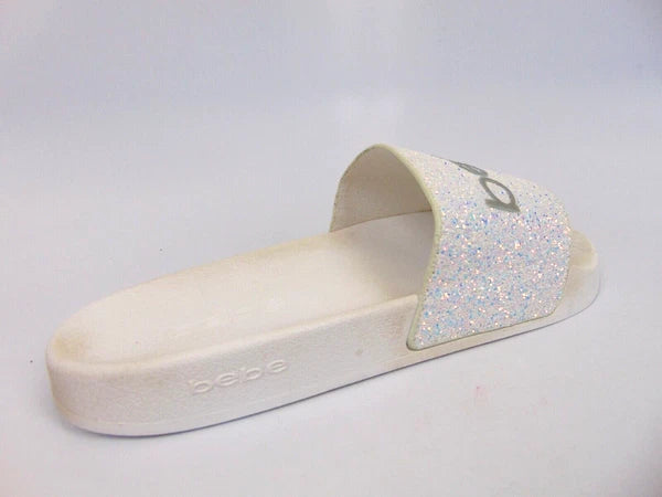 Bebe Women's Fraida Glitter Slide Fashion Sandals Flats Size 8.0 M, White Glitte
