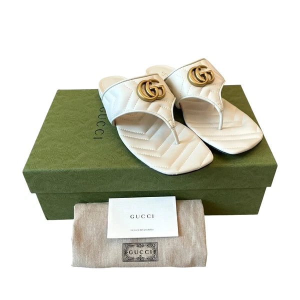 Gucci GG Marmont Matelasse Leather Flip Flop Sandals Cream White Sz 37.5 US 7.5