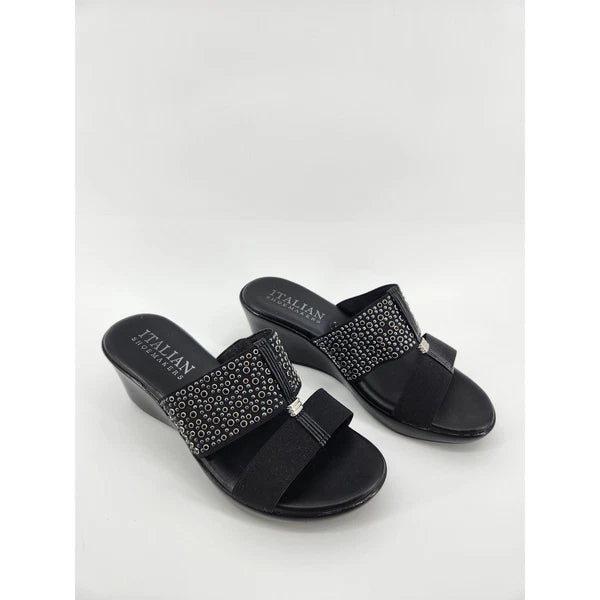 Italian Shoemakers Black Wedge Sandals Embellished Slide On Womens 8.5