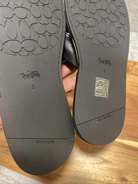 COACH Brooklyn Black Leather Knot Bow Flat Slides Sandals Sz 6 B - New