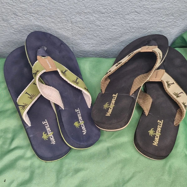 Lot 2 Margaritaville Flip Flops Breezy Wedge Style Tan & Green Palm Trees Size 8