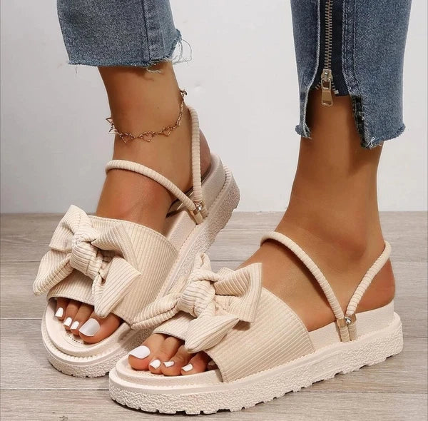Size 6.5 Women's Fashion Thick Bottom Cute Bow Strappy Sandal Beach Beige Shoes