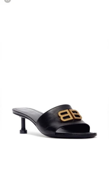 BALENCIAGA Groupie BB Logo Slide Sandal - Black/ Gold Sz 8 $875