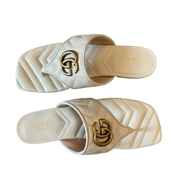 Gucci GG Marmont Matelasse Leather Flip Flop Sandals Cream White Sz 37.5 US 7.5