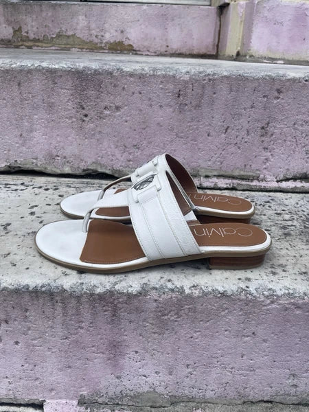 Calvin Klein Farley White/Silver Leather Sandals Women’s Size 11 – Chic Style