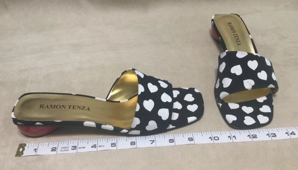 Vintage Ramon Tenza Black & White Heart Slide Sandals Size 9 1/2B