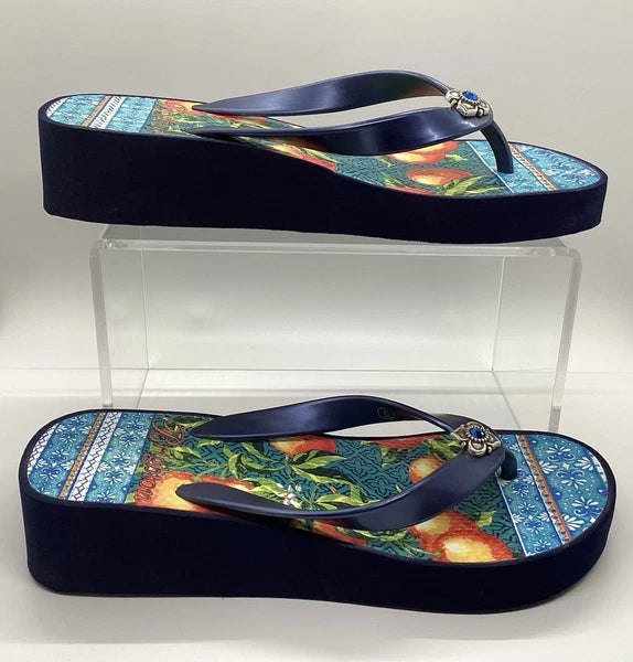 Brighton Orange Blossom Navy Wedge Flip Flops Sz 6 Silver Gem Mediterranean