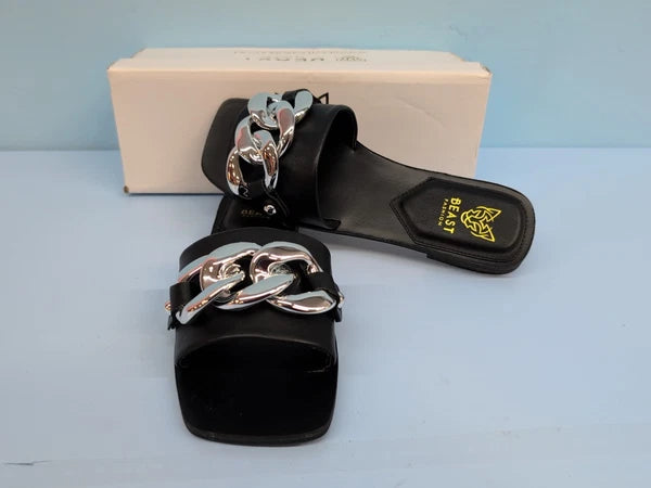 Beast Fashion LANA-01 Nude Chain Women's Flat Slide Sandals Size US 6.5 Black