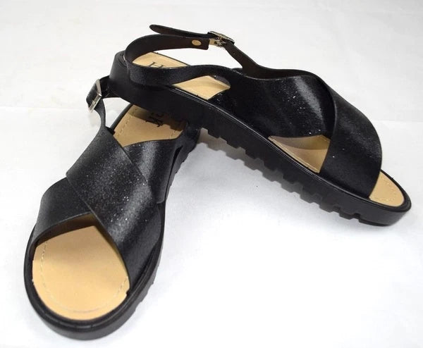 H2K Black Sparkle Fashion Sandals Bling Slides Size 10 Euro size 41 Buckle