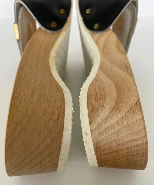 Dr. Scholl's The Original Wooden Sandals Slides Black Leather Size 6 Italy New