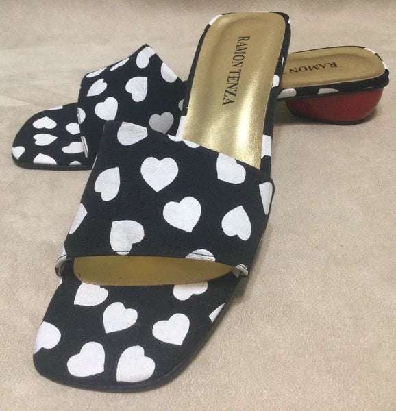 Vintage Ramon Tenza Black & White Heart Slide Sandals Size 9 1/2B