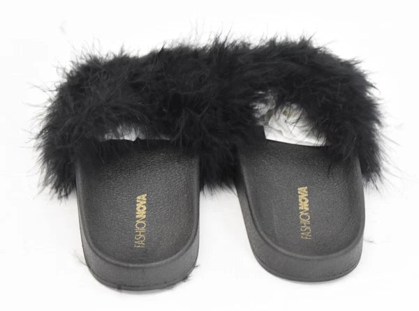Fashion Nova Moira Black Feather Boa Slides Sandals Slippers Open Toe Size 8