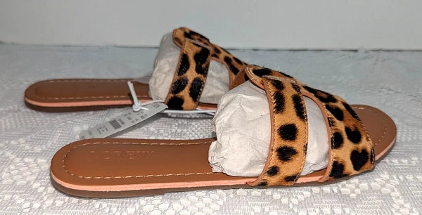J.Crew Womens Brown Tan Leopard Print Calf-Hair Beachside Slide Sandals Size 6M