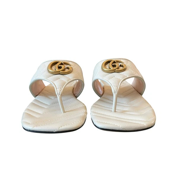 Gucci GG Marmont Matelasse Leather Flip Flop Sandals Cream White Sz 37.5 US 7.5