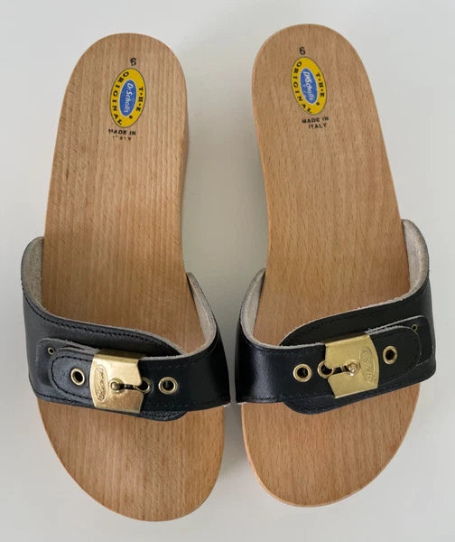 Dr. Scholl's The Original Wooden Sandals Slides Black Leather Size 6 Italy New