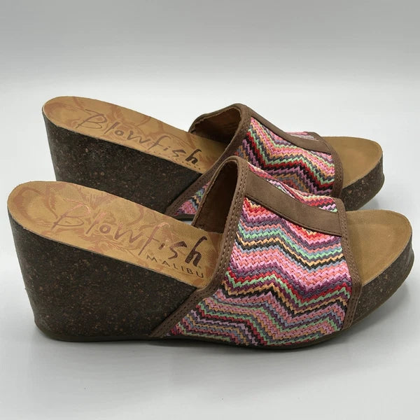 Blowfish Malibu Platform Wedge Slide Sandals Multi Color Chevron Womens 8.5 Boho