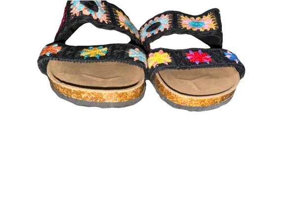 Granny Square Crochet Slip On Sandals Black Boho Comfort 70’s EU 36 US 5.5 6