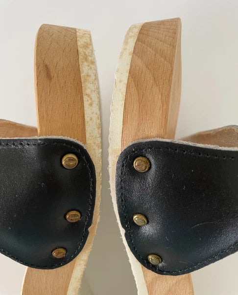 Dr. Scholl's The Original Wooden Sandals Slides Black Leather Size 6 Italy New